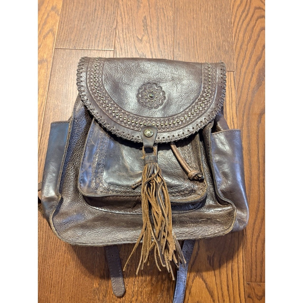 Patricia Nash Jovanna Backpack Bag Purse Distressed Embossed Leather Tassel Brwn
